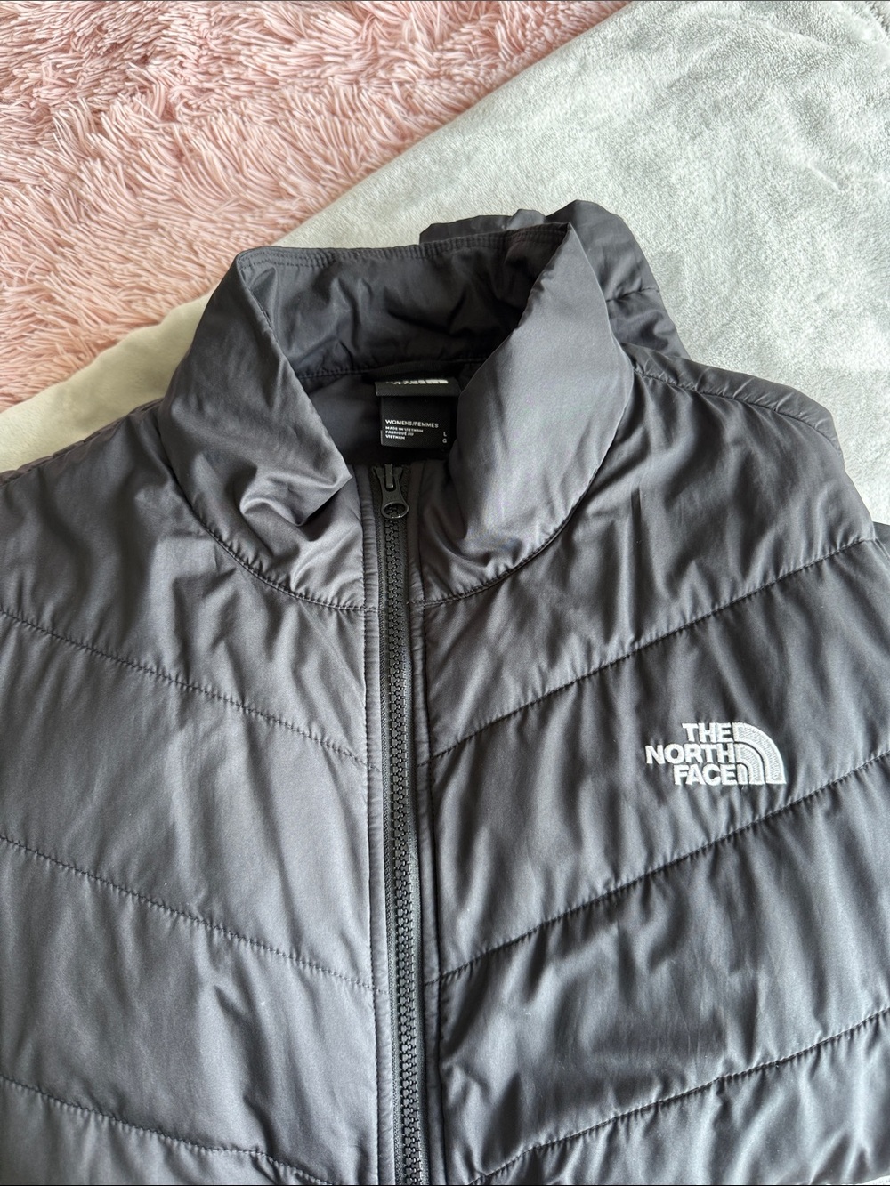 The North Face Charcoal Quilted Jacket with White Logo